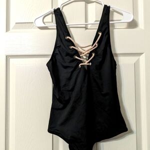 Vintage Lace Up Low Back Black SwimSuit One Piece
